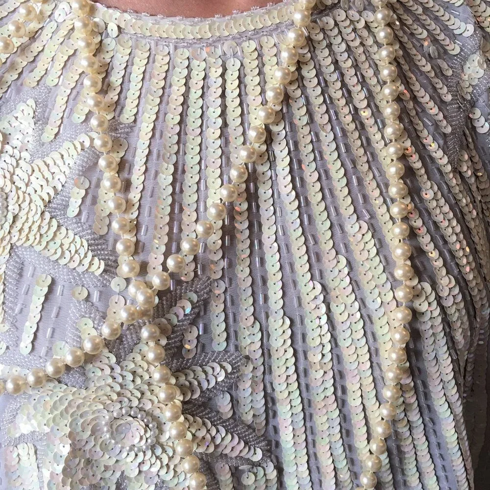 1980s Vintage Cream Sequin Chinese Silk Long Sleeve Blouse. - Picture 6 of 16